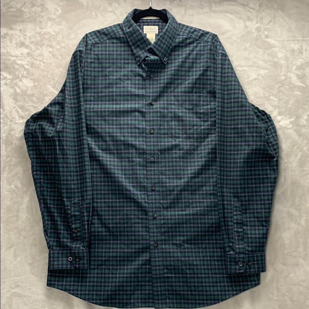 LL BEAN | XLT MEN'S CLASSIC BUTTON DOWN | GREEN BLUE VINTAGE WRINKLE FREE